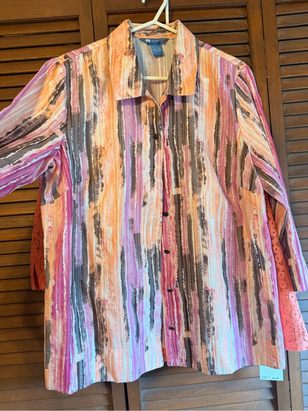 Koret Striped Button-Front Shirt Jacket in Pink, Orange & Brown